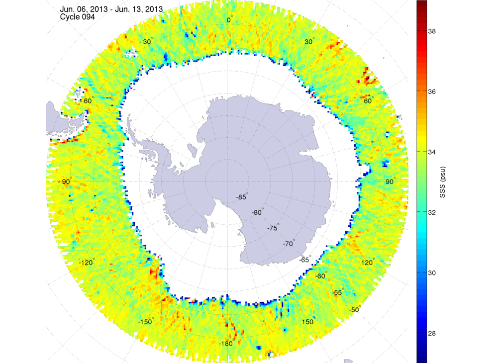 Sea surface salinity map of the southern hemisphere ocean, week ofJune 6-13, 2013.