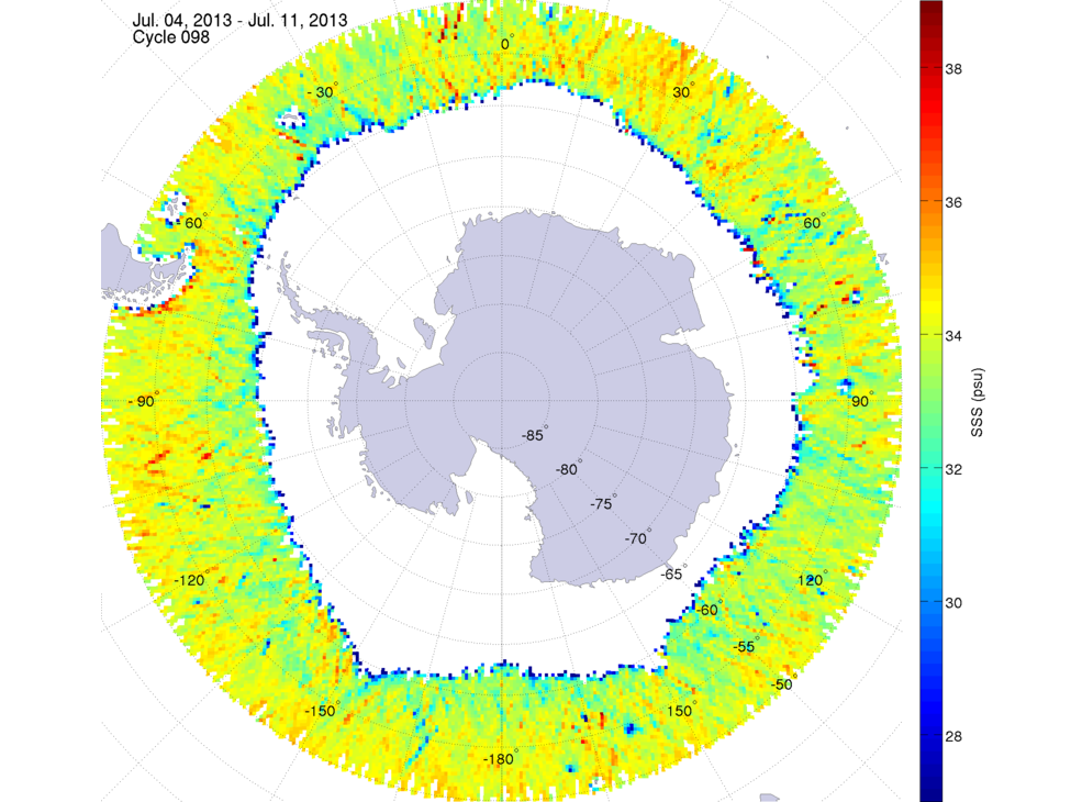 Sea surface salinity map of the southern hemisphere ocean, week ofJuly 4-11, 2013.