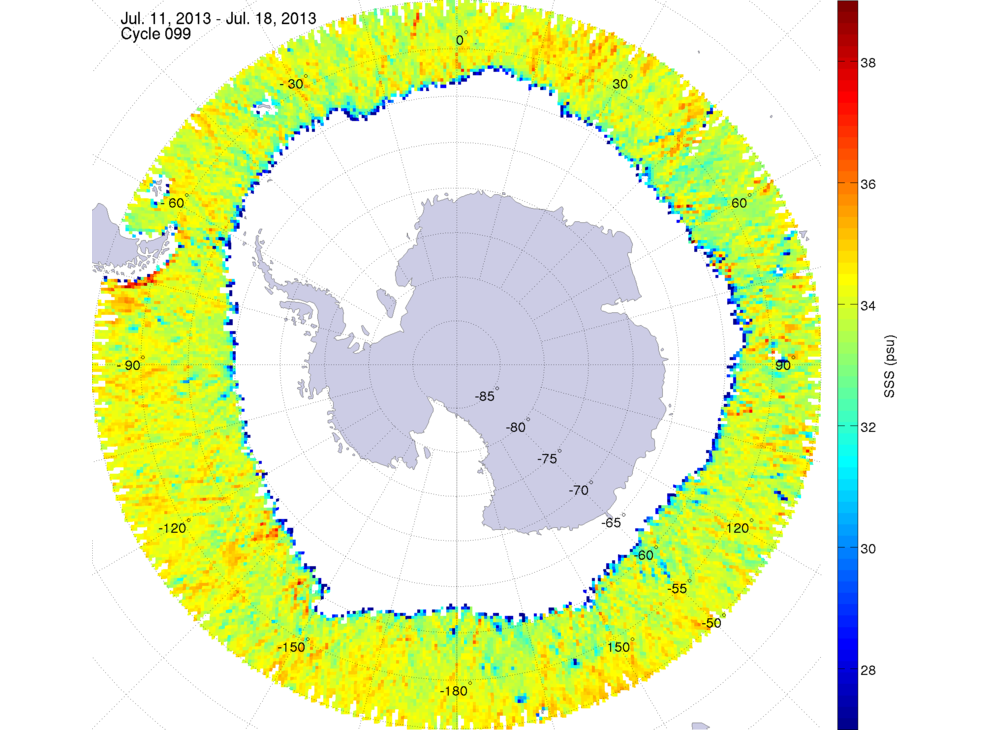 Sea surface salinity map of the southern hemisphere ocean, week ofJuly 11-18, 2013.