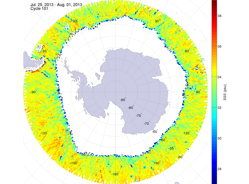 Sea surface salinity map of the southern hemisphere ocean, week ofJuly 25 - August 1, 2013.
