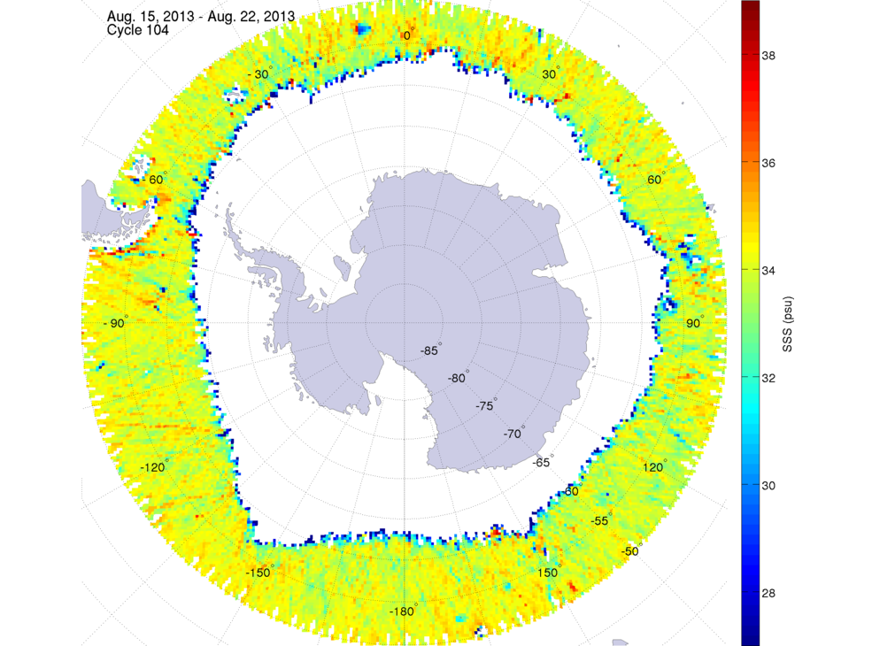 Sea surface salinity map of the southern hemisphere ocean, week ofAugust 15-22, 2013.