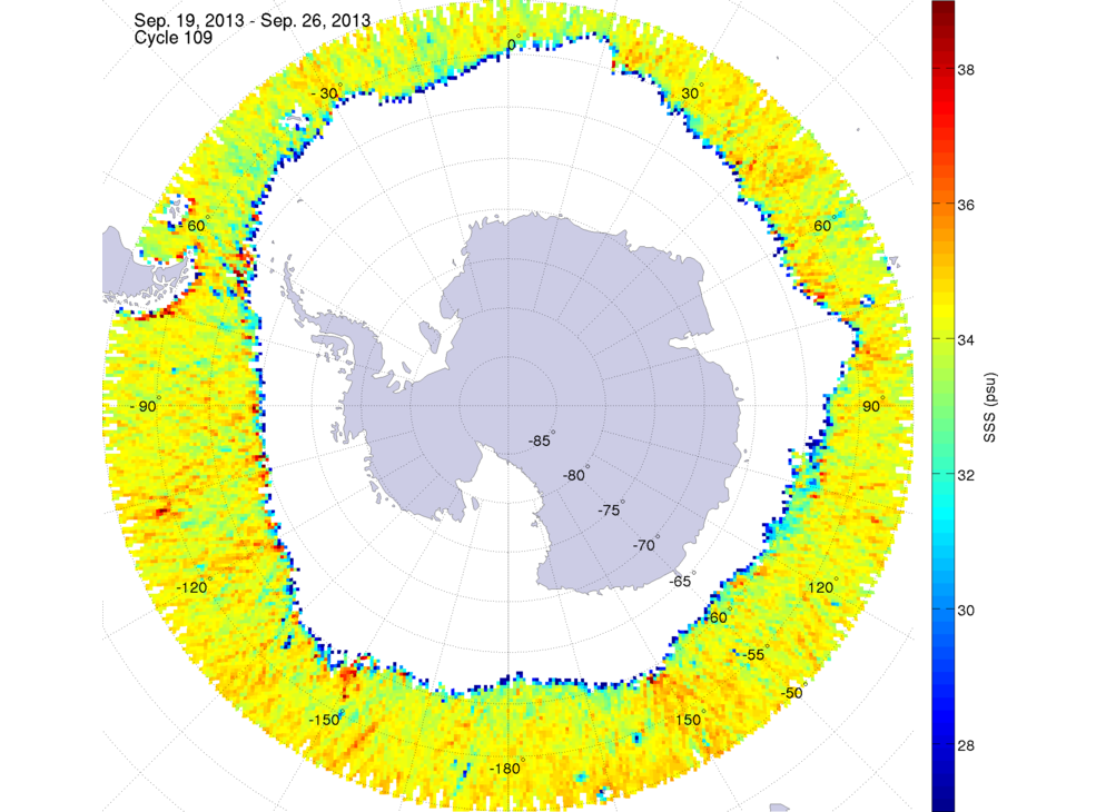 Sea surface salinity map of the southern hemisphere ocean, week ofSeptember 19-26, 2013.