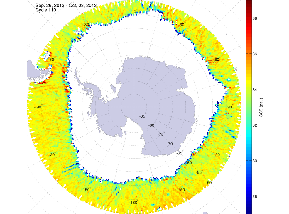 Sea surface salinity map of the southern hemisphere ocean, week ofSeptember 26 - October 3, 2013.