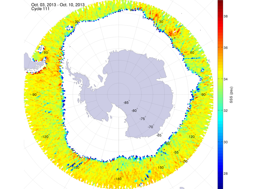 Sea surface salinity map of the southern hemisphere ocean, week ofOctober 3-10, 2013.