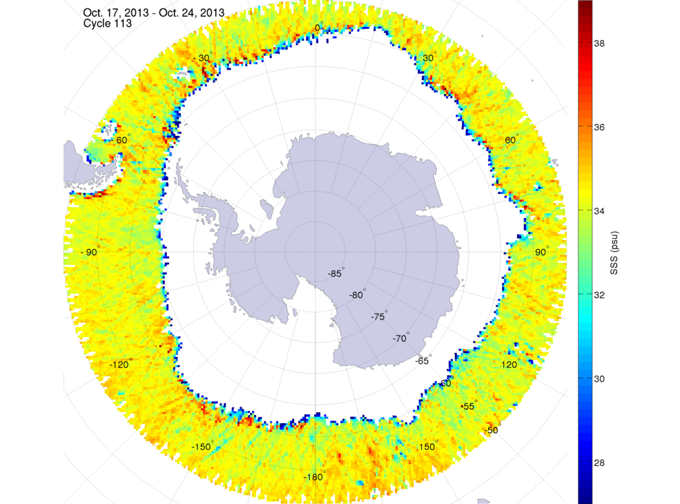 Sea surface salinity map of the southern hemisphere ocean, week ofOctober 17-24, 2013.