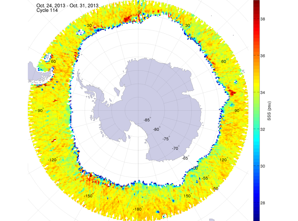 Sea surface salinity map of the southern hemisphere ocean, week ofOctober 24-31, 2013.