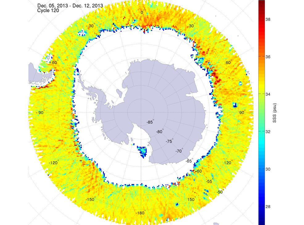 Sea surface salinity map of the southern hemisphere ocean, week ofDecember 5-12, 2013.