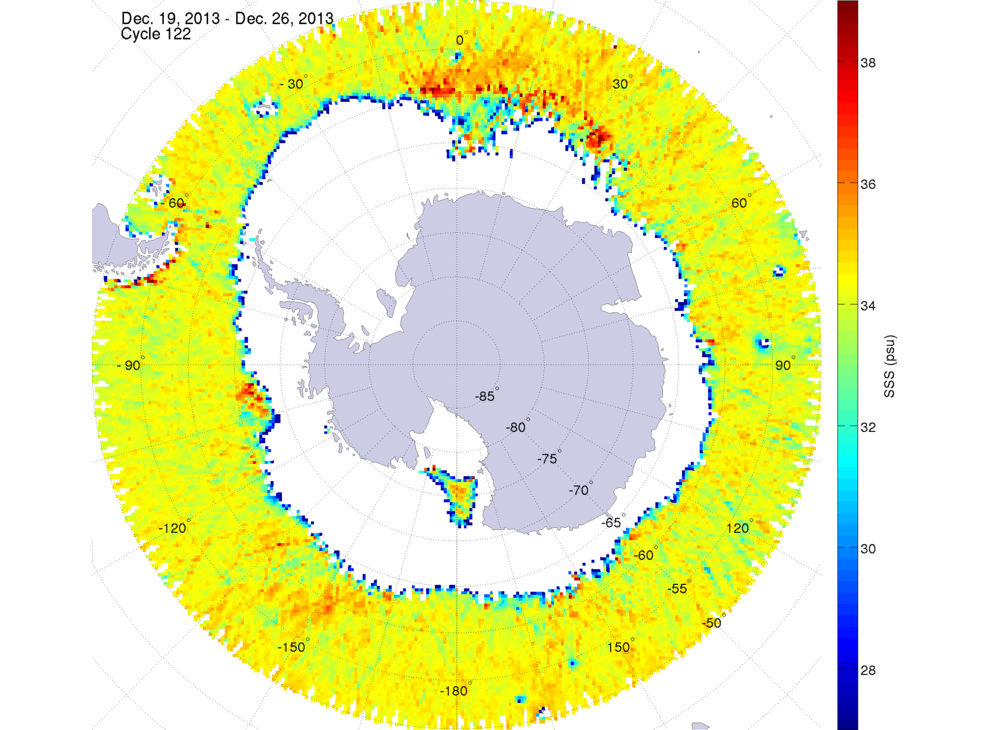 Sea surface salinity map of the southern hemisphere ocean, week ofDecember 19-26, 2013.