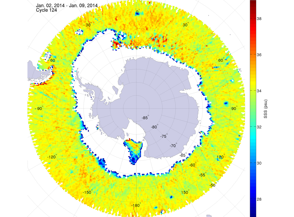Sea surface salinity map of the southern hemisphere ocean, week ofJanuary 2-9, 2014.
