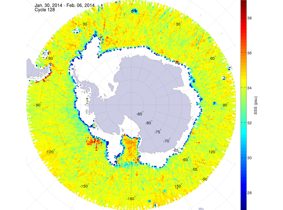 Sea surface salinity map of the southern hemisphere ocean, week ofJanuary 30 - February 6, 2014.