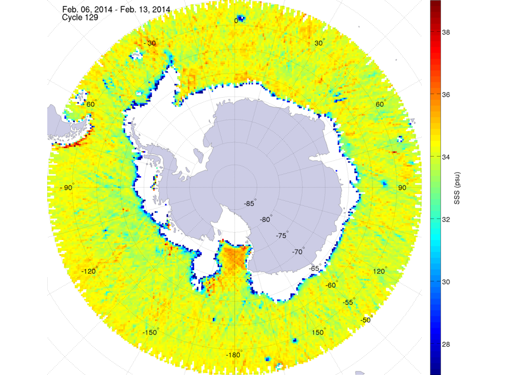 Sea surface salinity map of the southern hemisphere ocean, week ofFebruary 6-13, 2014.