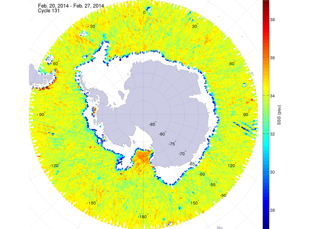 Sea surface salinity map of the southern hemisphere ocean, week ofFebruary 20-27, 2014.