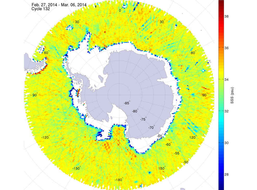 Sea surface salinity map of the southern hemisphere ocean, week ofFebruary 27 - March 6, 2014.