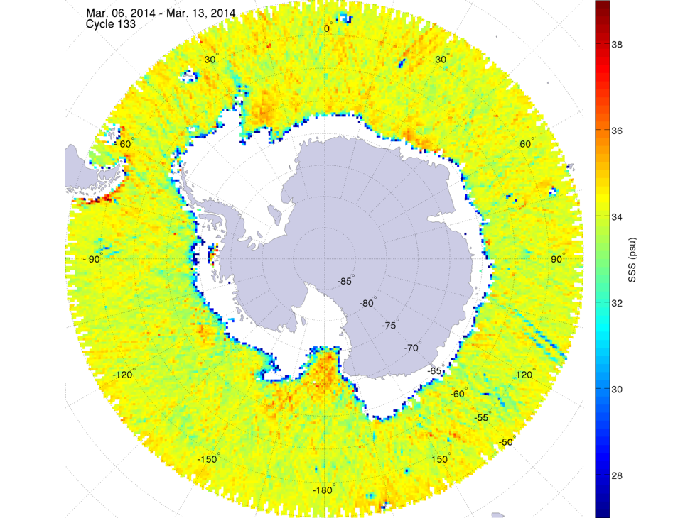 Sea surface salinity map of the southern hemisphere ocean, week ofMarch 6-13, 2014.