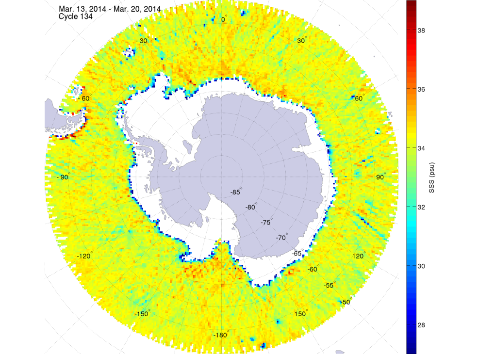 Sea surface salinity map of the southern hemisphere ocean, week ofMarch 13-20, 2014.