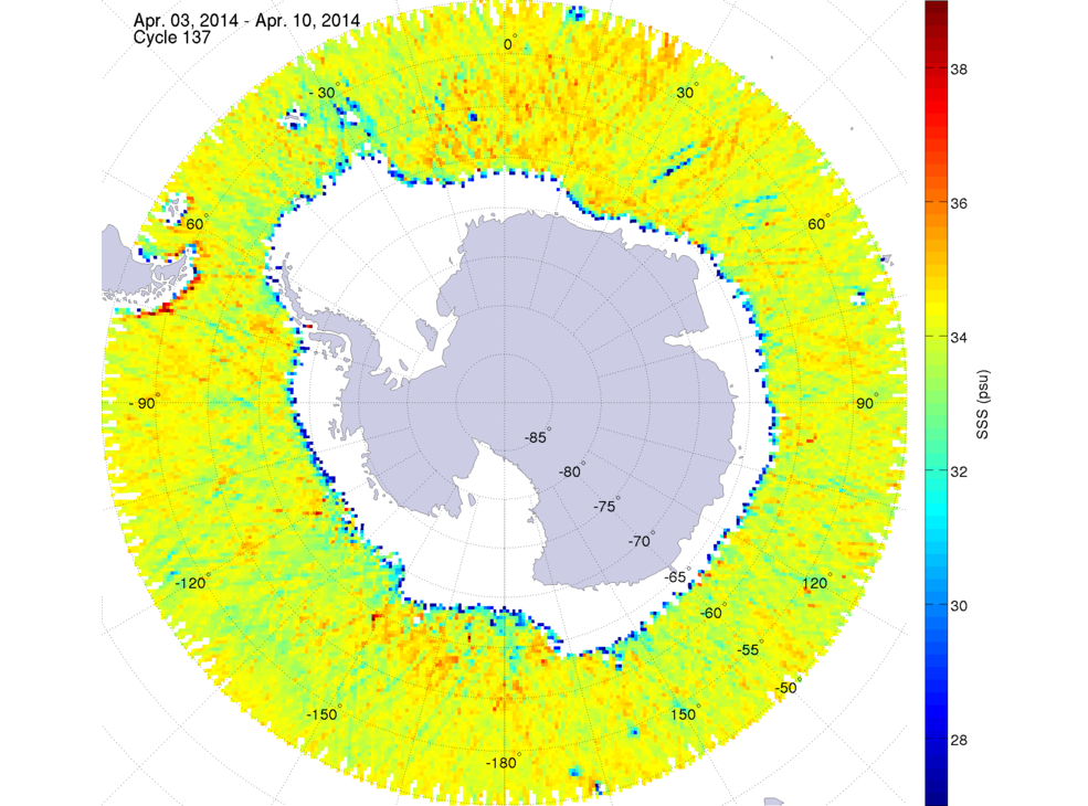 Sea surface salinity map of the southern hemisphere ocean, week ofApril 3-10, 2014.
