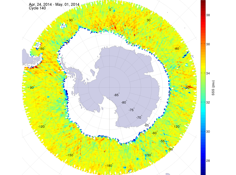 Sea surface salinity map of the southern hemisphere ocean, week ofApril 24, 2014 - May 1, 2014.