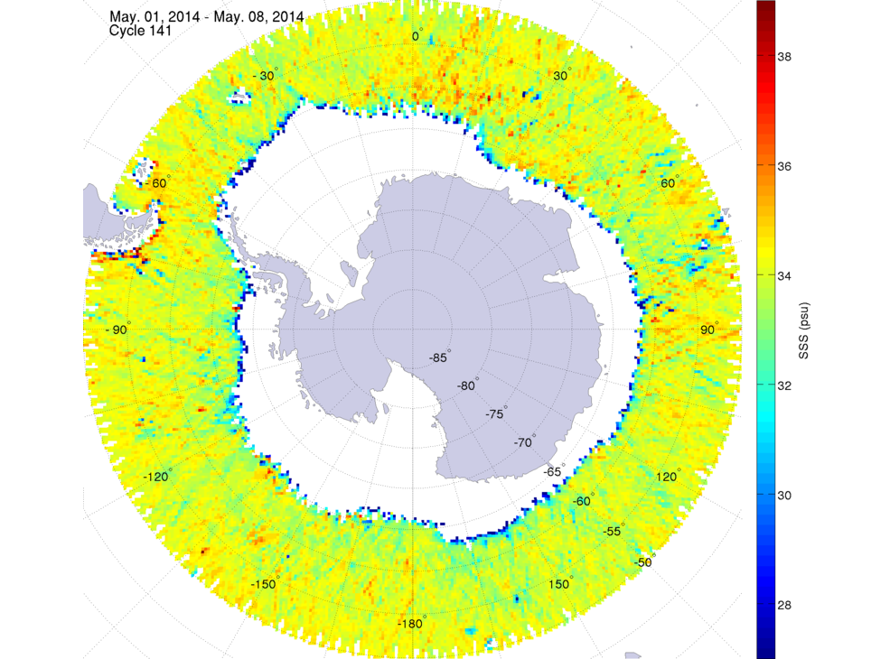 Sea surface salinity map of the southern hemisphere ocean, week ofMay 1-8, 2014.
