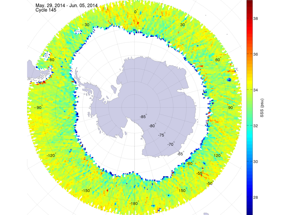 Sea surface salinity map of the southern hemisphere ocean, week ofMay 29 - June 5, 2014.
