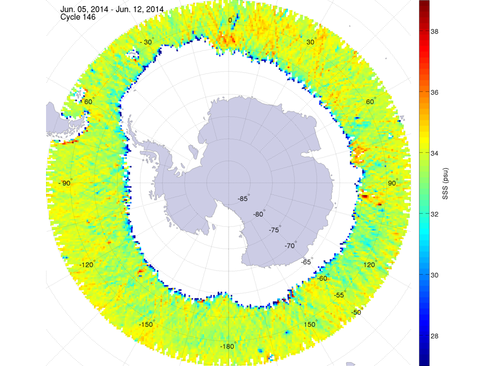 Sea surface salinity map of the southern hemisphere ocean, week ofJune 5-12, 2014.