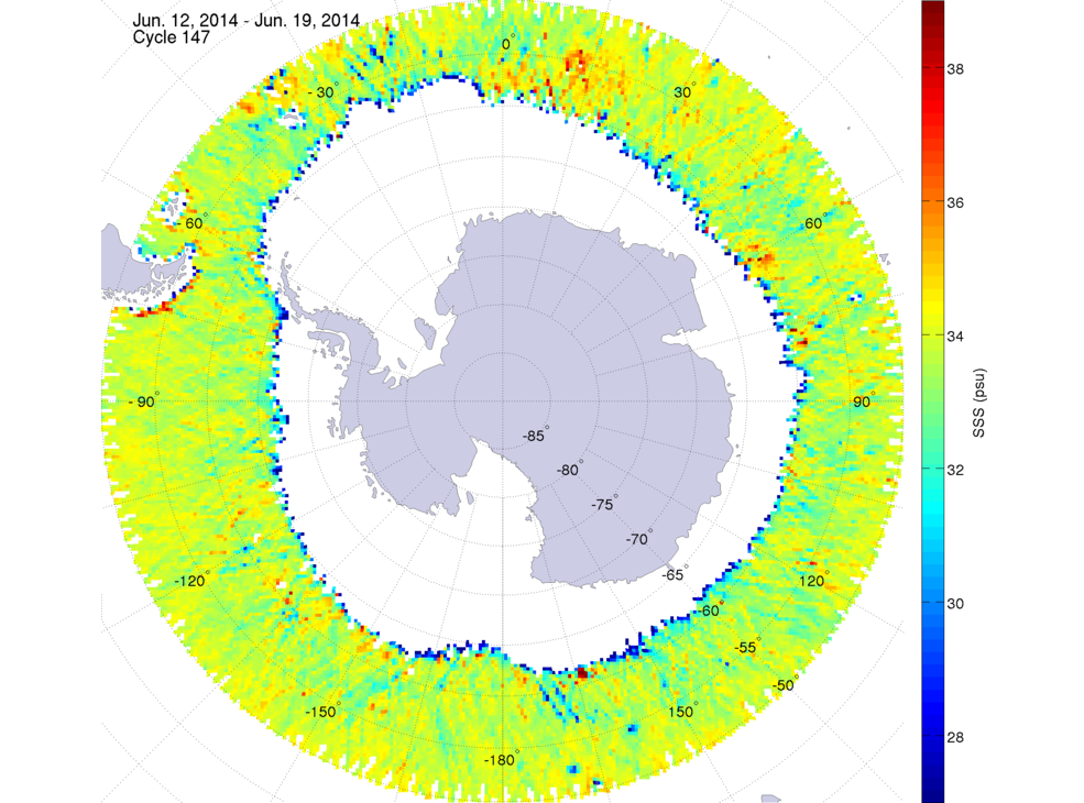 Sea surface salinity map of the southern hemisphere ocean, week ofJune 12-19, 2014.