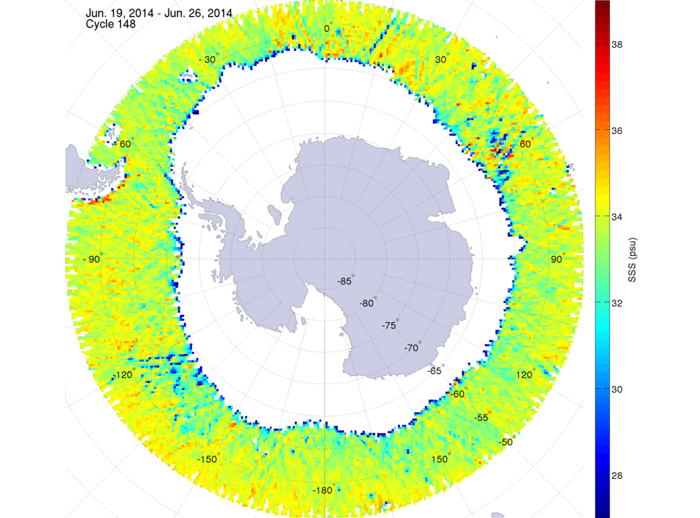 Sea surface salinity map of the southern hemisphere ocean, week ofJune 19-26, 2014.
