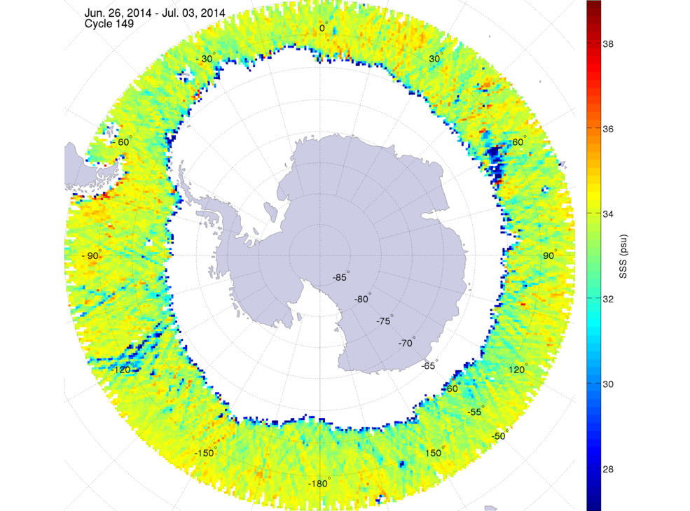 Sea surface salinity map of the southern hemisphere ocean, week ofJune 26 - July 3, 2014.