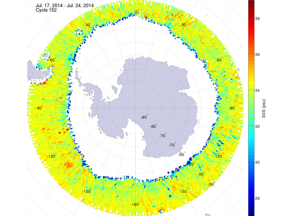 Sea surface salinity map of the southern hemisphere ocean, week ofJuly 17-24, 2014.