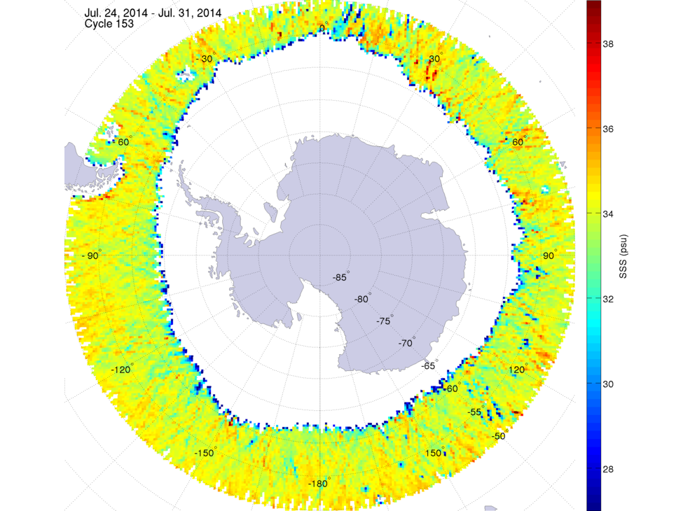 Sea surface salinity map of the southern hemisphere ocean, week ofJuly 24-31, 2014.