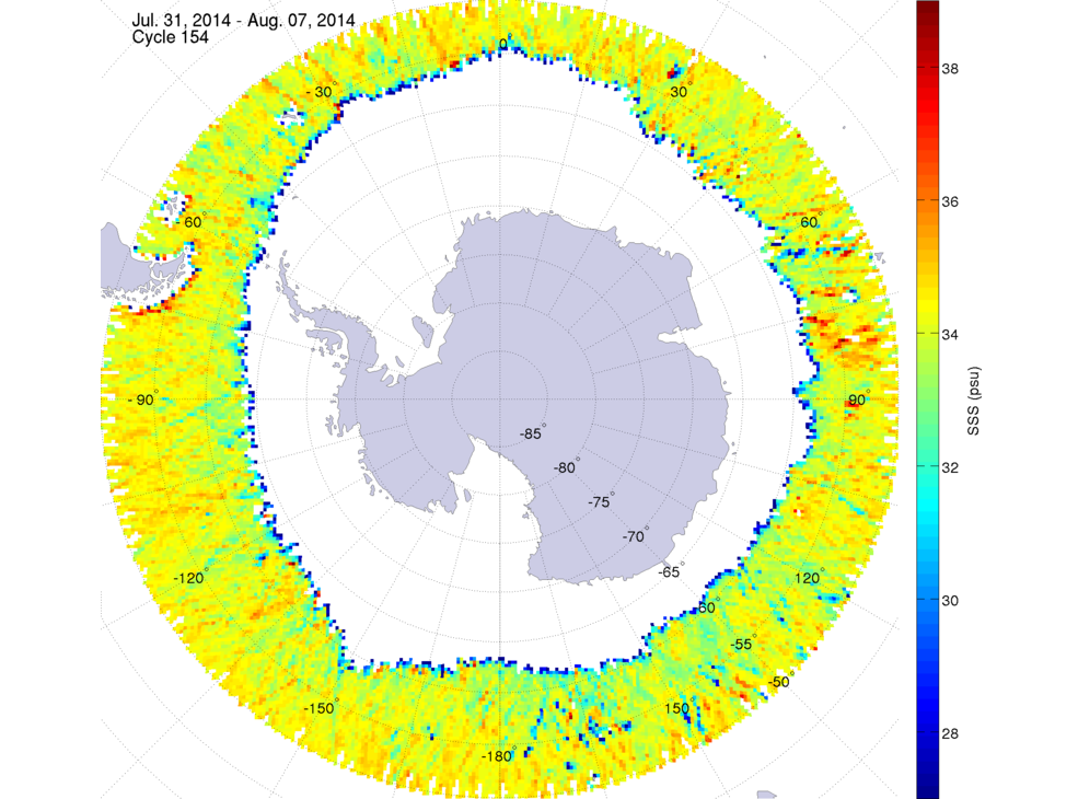 Sea surface salinity map of the southern hemisphere ocean, week ofJuly 31 - August 7, 2014.