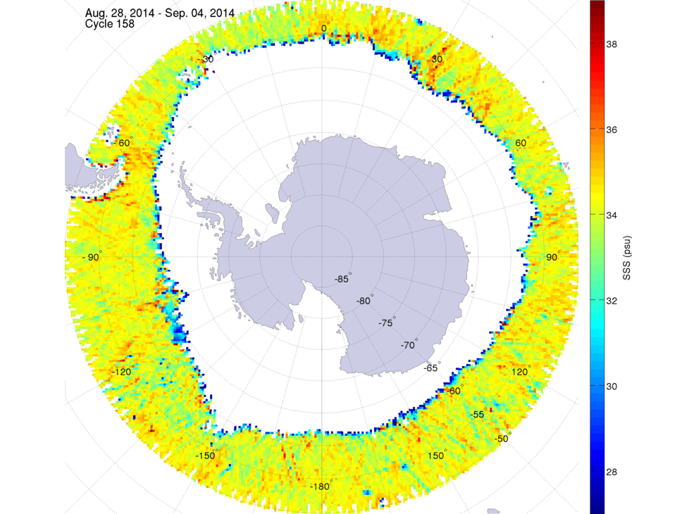 Sea surface salinity map of the southern hemisphere ocean, week ofAugust 28 - September 4, 2014.