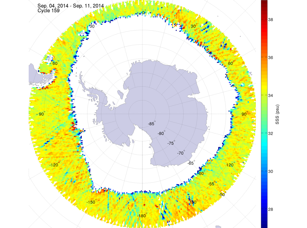 Sea surface salinity map of the southern hemisphere ocean, week ofSeptember 4-11, 2014.