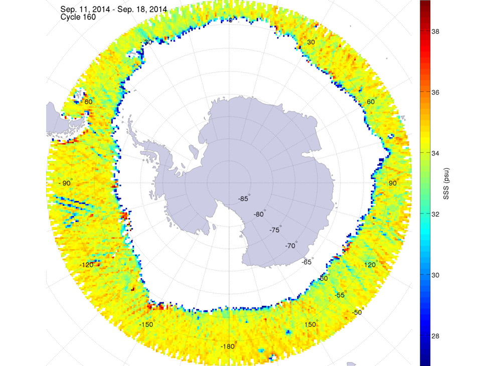Sea surface salinity map of the southern hemisphere ocean, week ofSeptember 11-18, 2014.