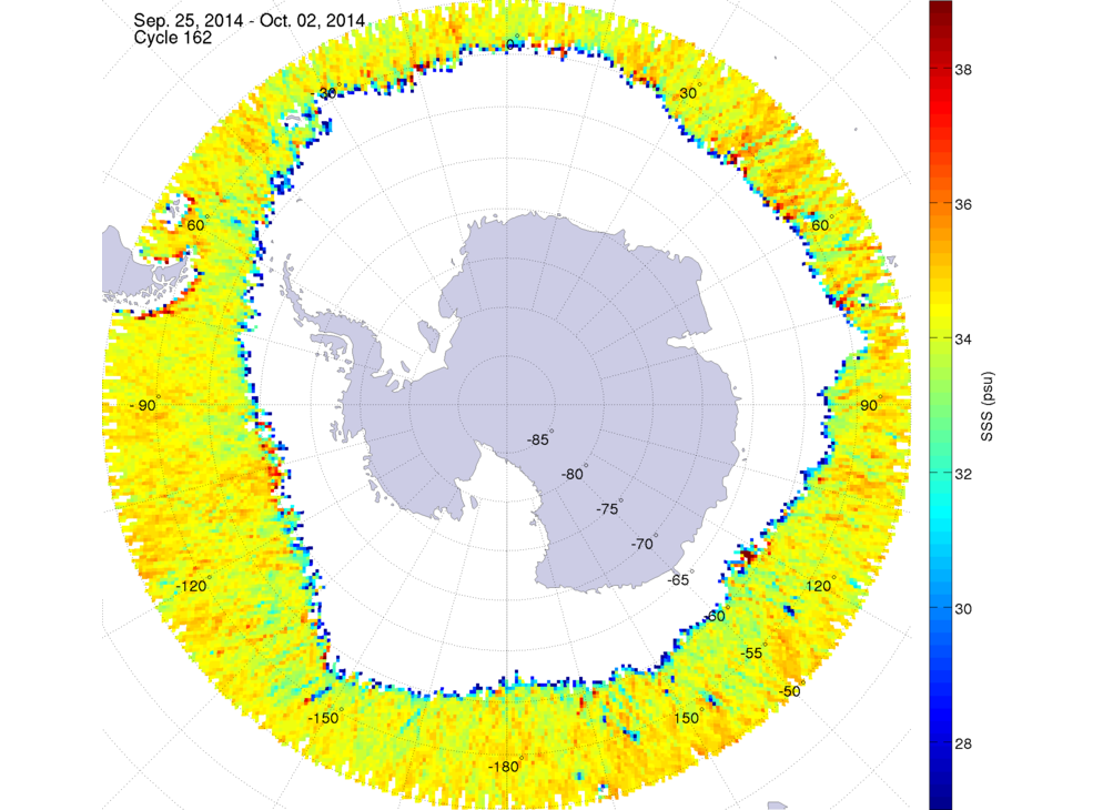 Sea surface salinity map of the southern hemisphere ocean, week ofSeptember 25 - October 2, 2014.