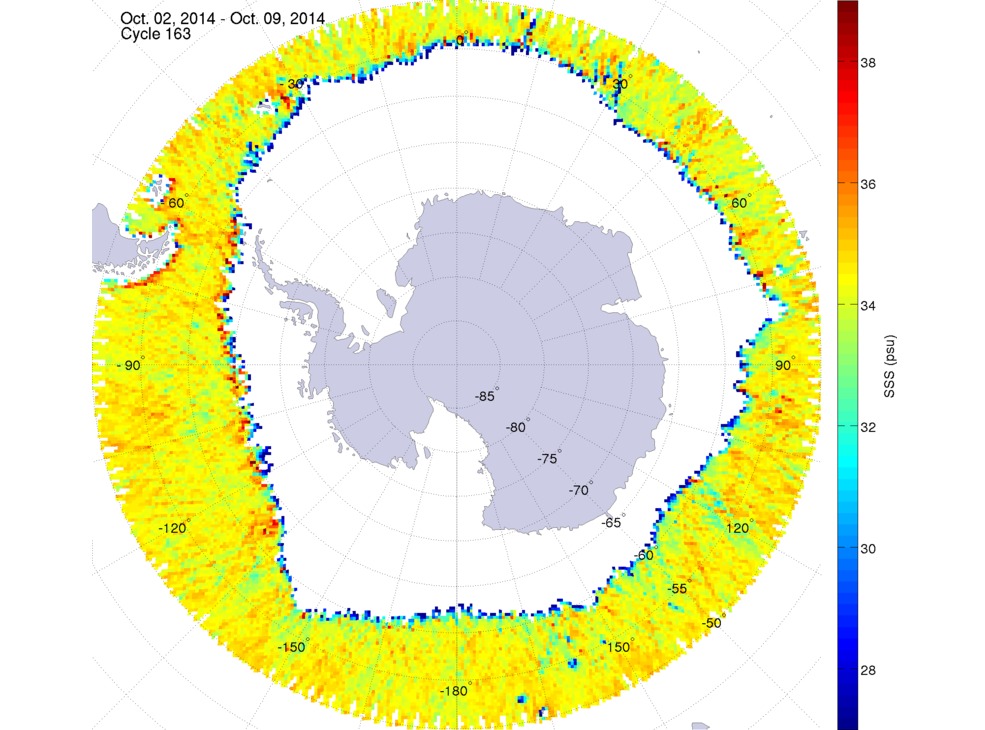 Sea surface salinity map of the southern hemisphere ocean, week ofOctober 2-9, 2014.