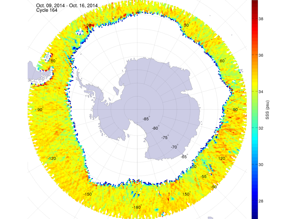 Sea surface salinity map of the southern hemisphere ocean, week ofOctober 9-16, 2014.