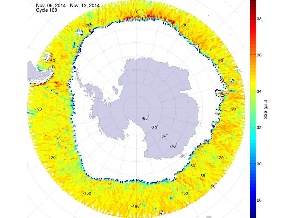 Sea surface salinity map of the southern hemisphere ocean, week ofNovember 6-13, 2014.