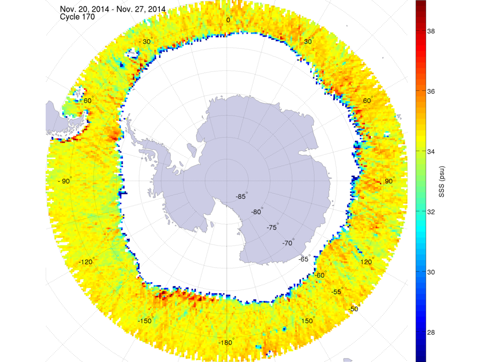 Sea surface salinity map of the southern hemisphere ocean, week ofNovember 20-27, 2014.