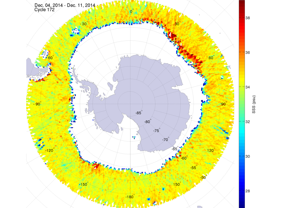 Sea surface salinity map of the southern hemisphere ocean, week ofDecember 4-11, 2014.