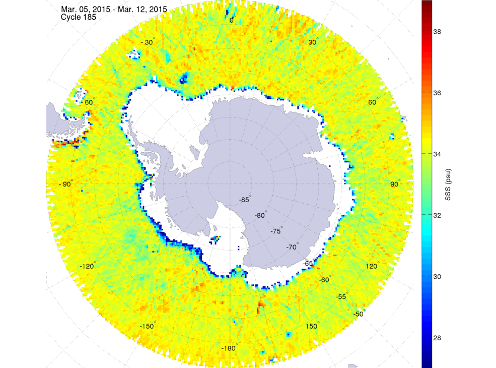 Sea surface salinity map of the southern hemisphere ocean, week ofMarch 5-12, 2015.