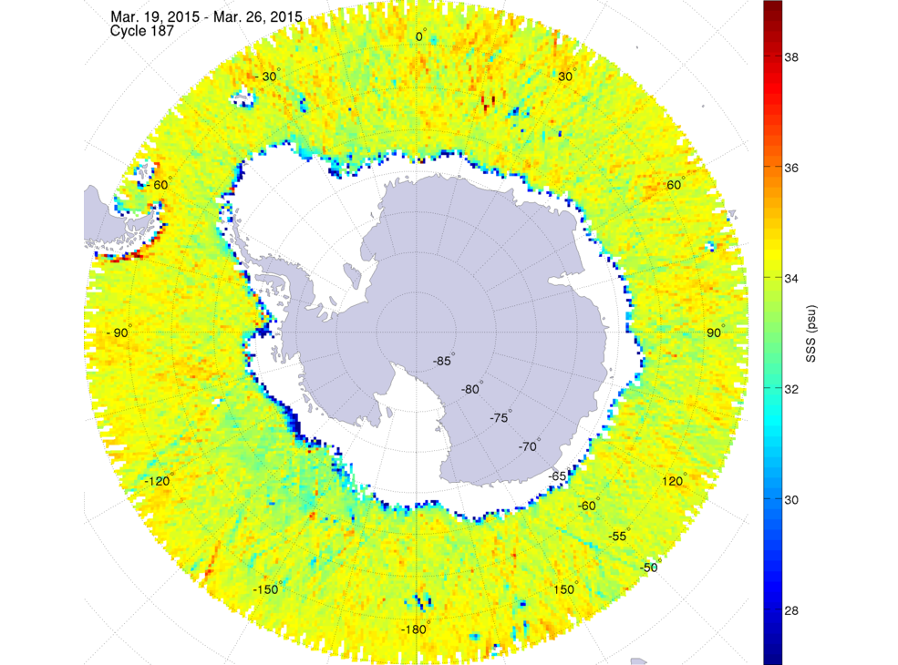 Sea surface salinity map of the southern hemisphere ocean, week ofMarch 19-26, 2015.