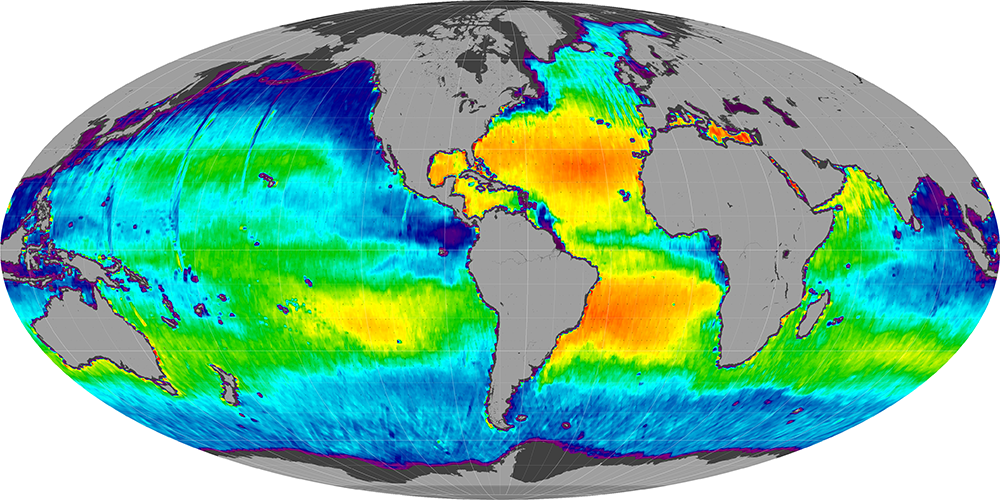 Monthly composite map of sea surface salinity, April 2012.