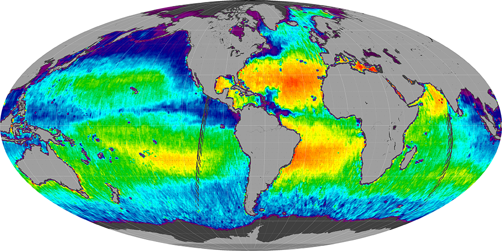 Monthly composite map of sea surface salinity, August 2011.