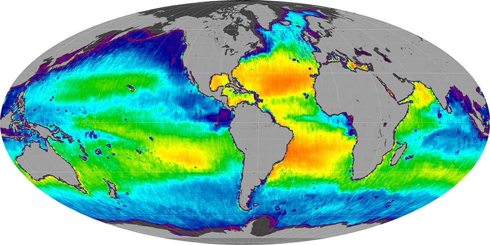 Monthly composite map of sea surface salinity, February 2013.