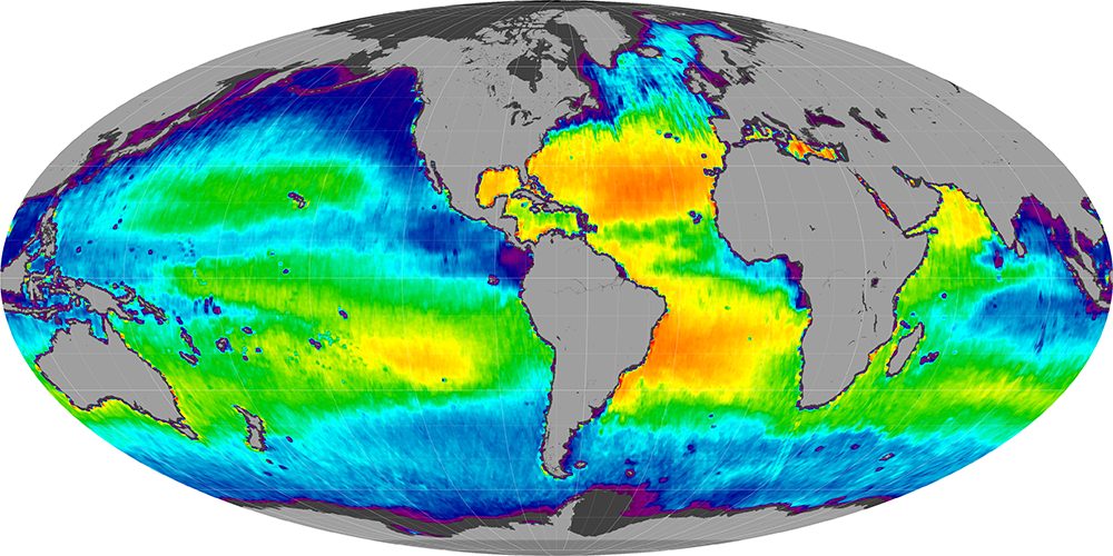 Monthly composite map of sea surface salinity, January 2013.