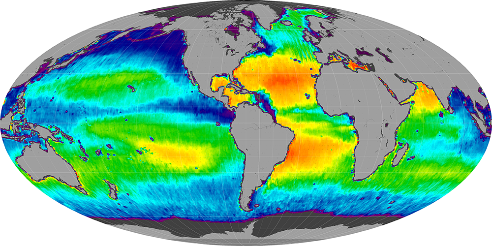 Monthly composite map of sea surface salinity, July 2014.