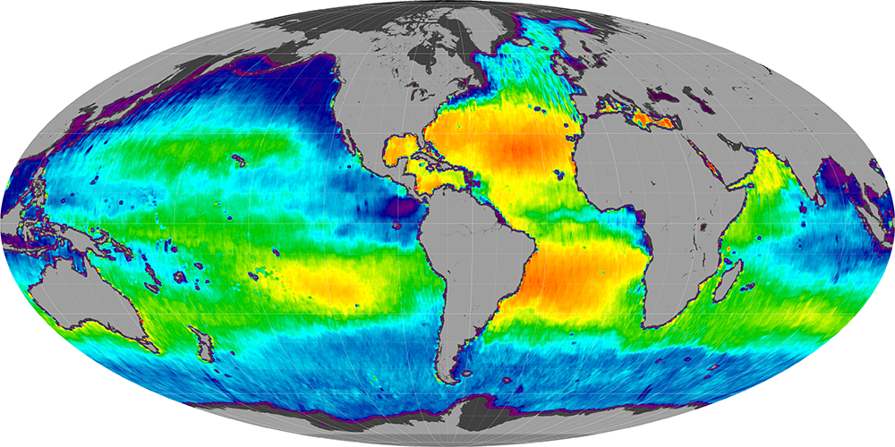 Monthly composite map of sea surface salinity, March 2012.