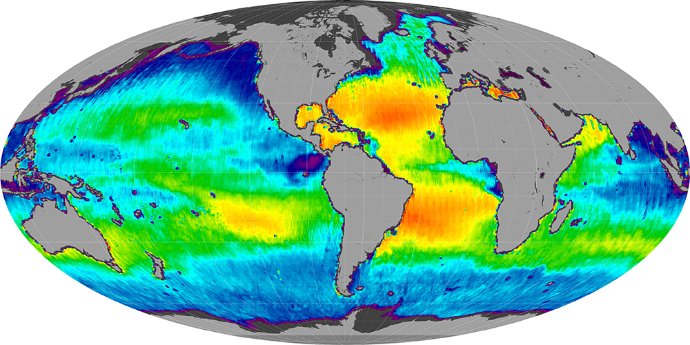 Monthly composite map of sea surface salinity, March 2014.