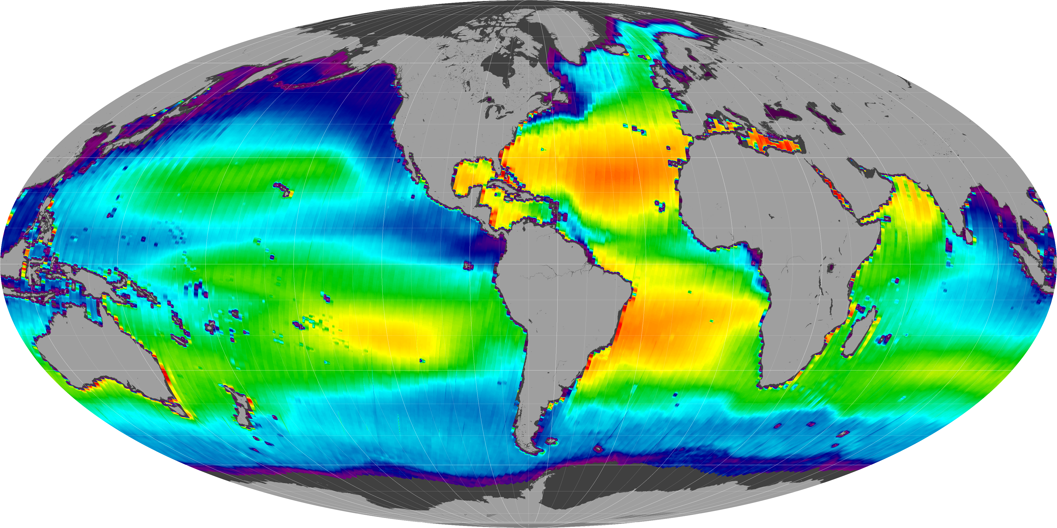 Global sea surface salinity, 25-Aug-11 to 05-May-15 (Mollweide, descending)