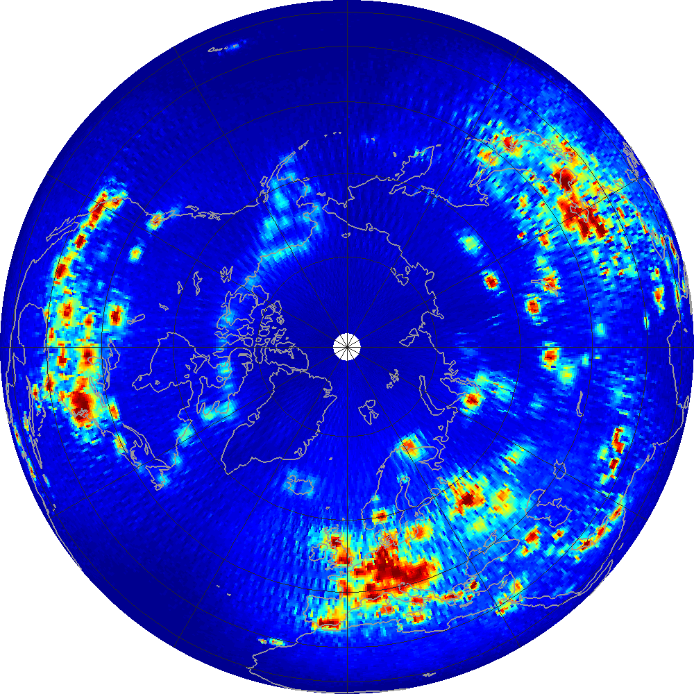 Monthly scatterometer RFI at 1.26 GHz, April 2012.